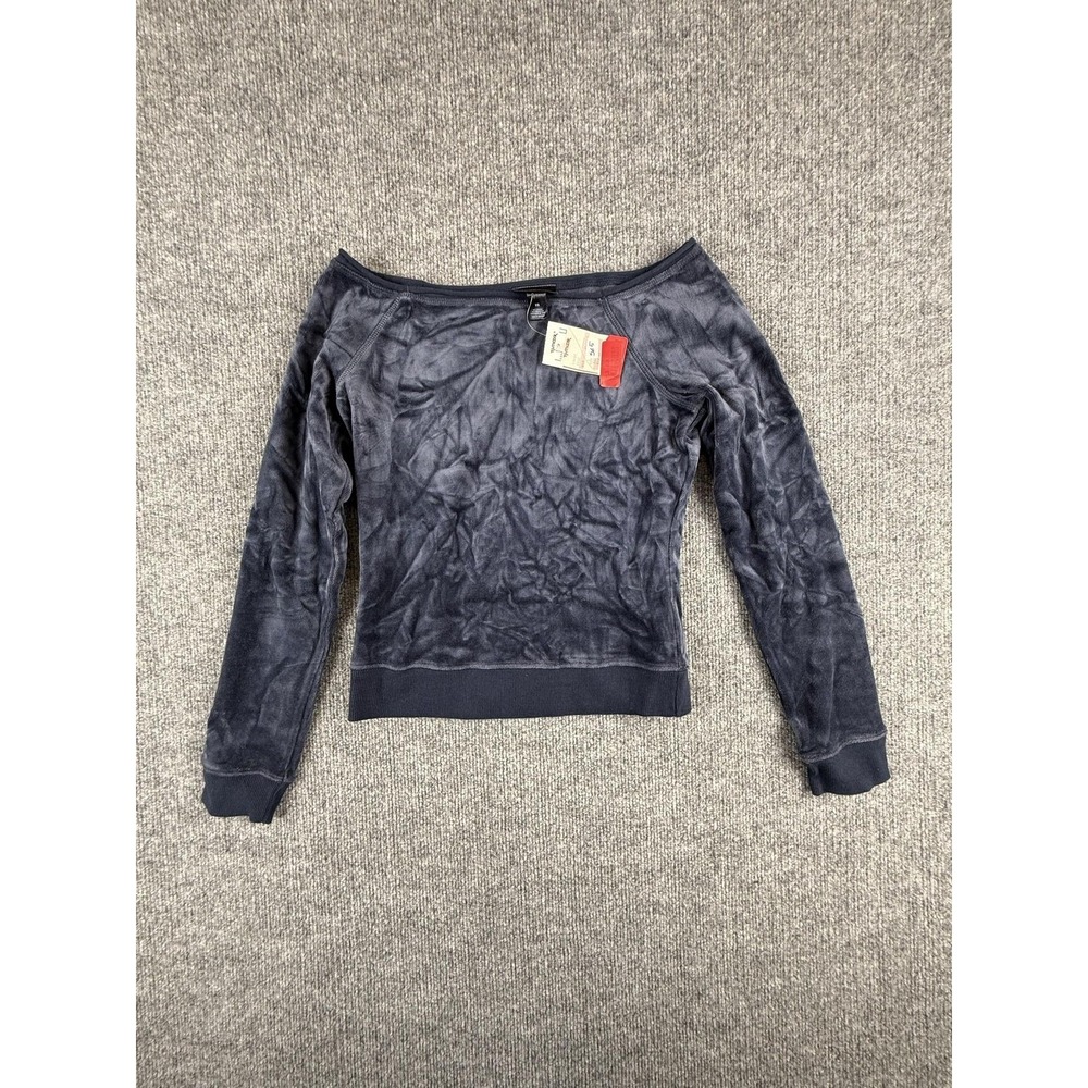 Express T-Shirt Womens XS Blue Off Shoulder Long Sleeve Velour Knit Top Stretch